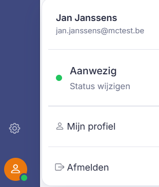 Het profielmenu linksonder met 'Mijn profiel' en 'Afmelden'