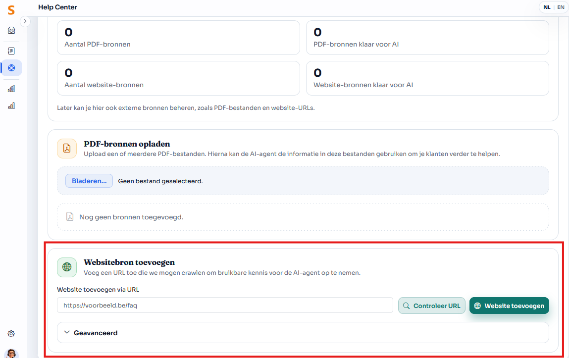 Door een websitebron toe te voegen kan je de informatie op een website toevoegen aan de kennis van Lira.