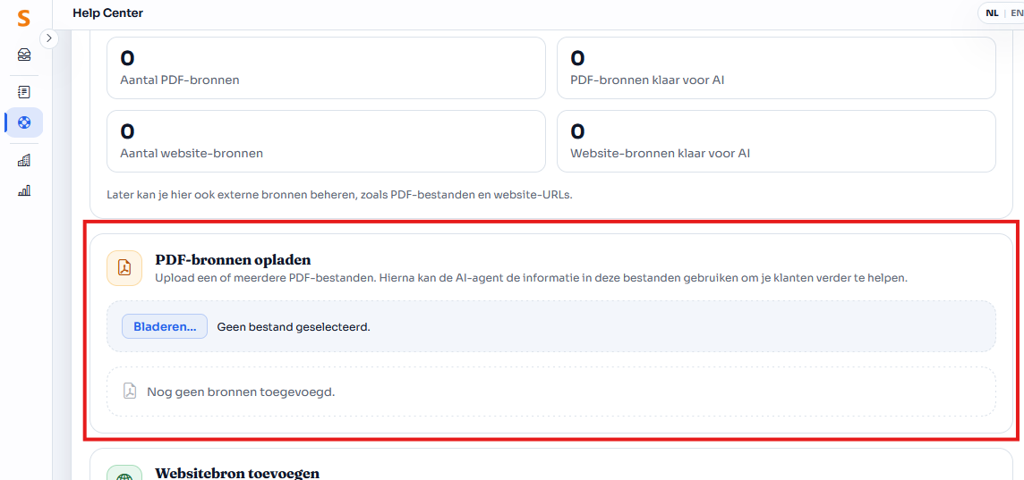Door een of meerder PDF-bronnen op te laden voed je snel extra kennis aan Lira, zonder deze expliciet zichtbaar te maken op je helpdesk.