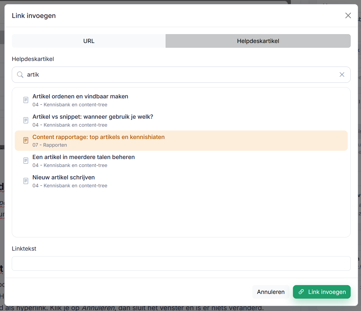 Via dit scherm leg je makkelijk een interne link tussen twee helpdeskartikels. Je zoekt bovenaan naar je artikel en je klikt het aan.