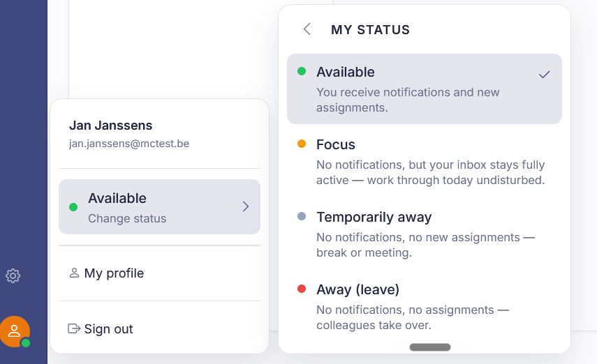 The profile menu showing the status 'Available' and 'Change status'