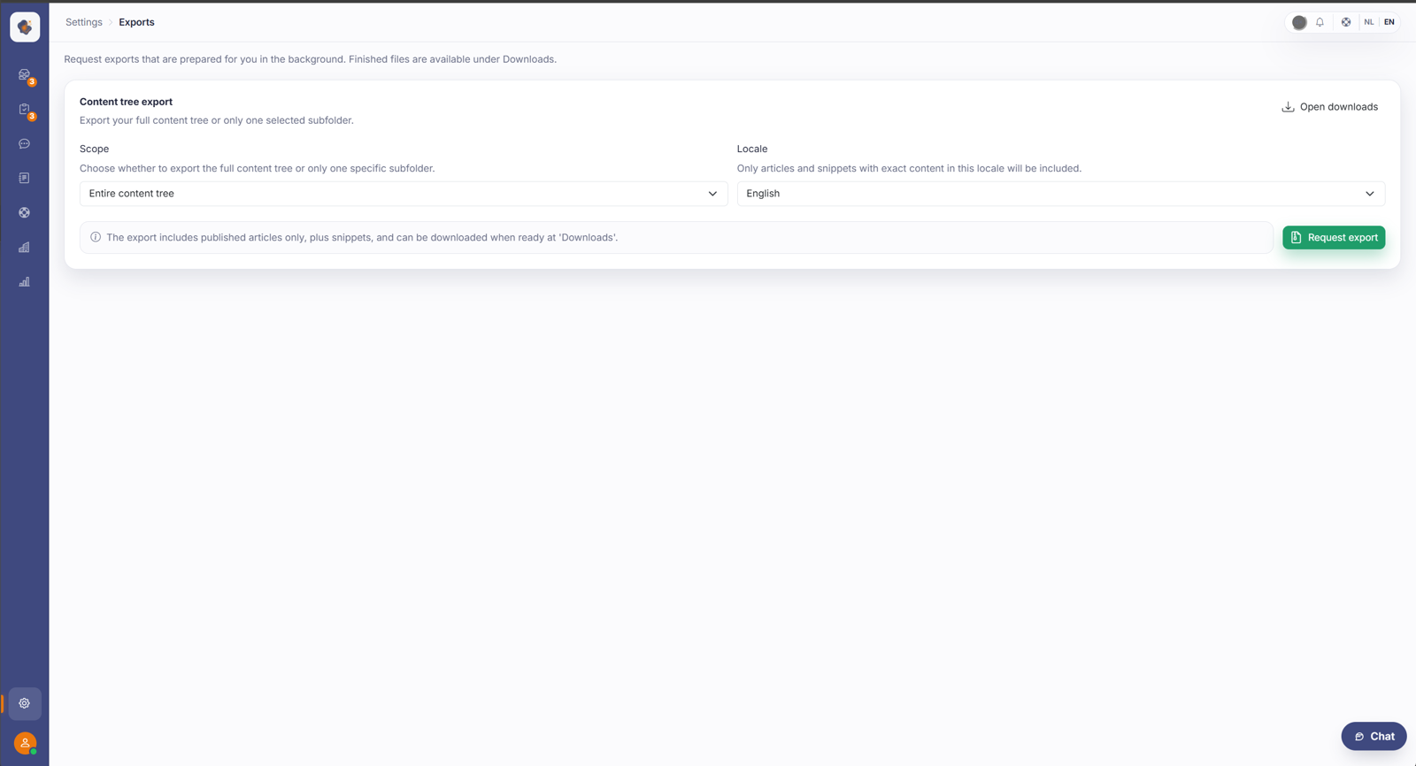 The overview of available exports for download