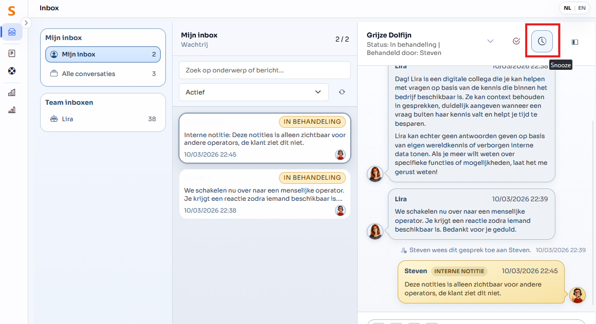 Een gesprek snoozen doe je door bovenaan op de knop 'Snooze' te klikken en daarna een tijdstip te kiezen om te bepalen hoe lang het gesprek gesnoozed blijft.