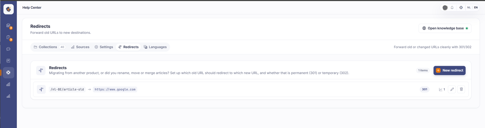 The redirects tab shows you what redirects are set