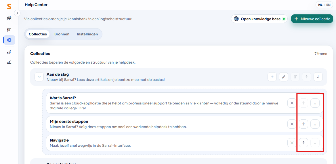 Gebruik de pijltjes omhoog en omlaag om de artikels te ordenen binnen je collectie.