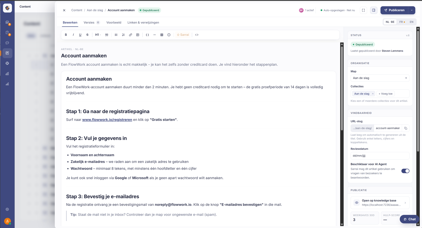 The article editor with the toolbar and the right-hand panel