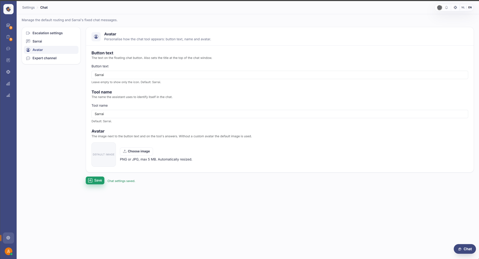 The avatar with button text, tool name and custom avatar for Sarrai AI