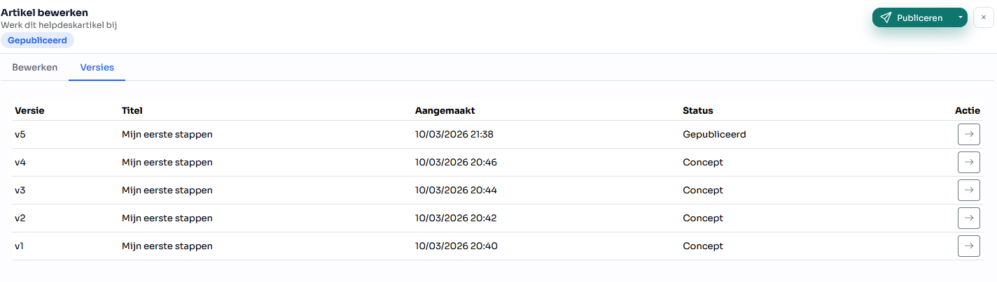 Via het tabblad 'Versies' bij een artikel krijg je de versiegeschiedenis te zien vna dit artikel. Via de pijl aan de rechterkant open je een oudere versie.