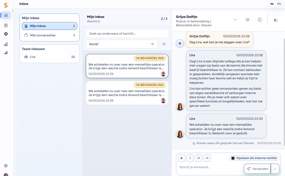 De inbox is de ruimte waar je alle inkomende gesprekken met klanten afhandelt. Aan de linkerkant kies je een inbox, daarnaast zie je de wachtrij van gesprekken en als je een gesprek opent zie je dat aan de rechterkant van je scherm verschijnen.