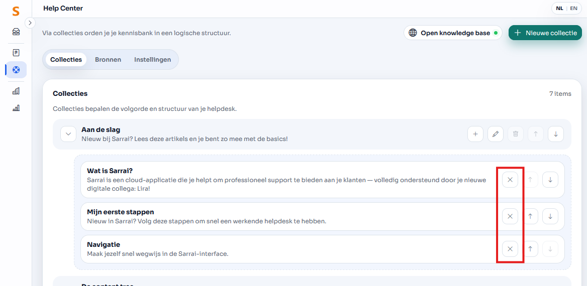 Je verwijdert een artikel uit een collectie via het kruisje. Het artikel zelf wordt niet verwijderd, het wordt enkel losgekoppeld van je collectie.