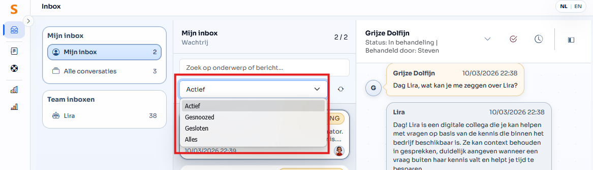 Via de statusfilter zoek je makkelijk gesprekken op basis van hun status op.