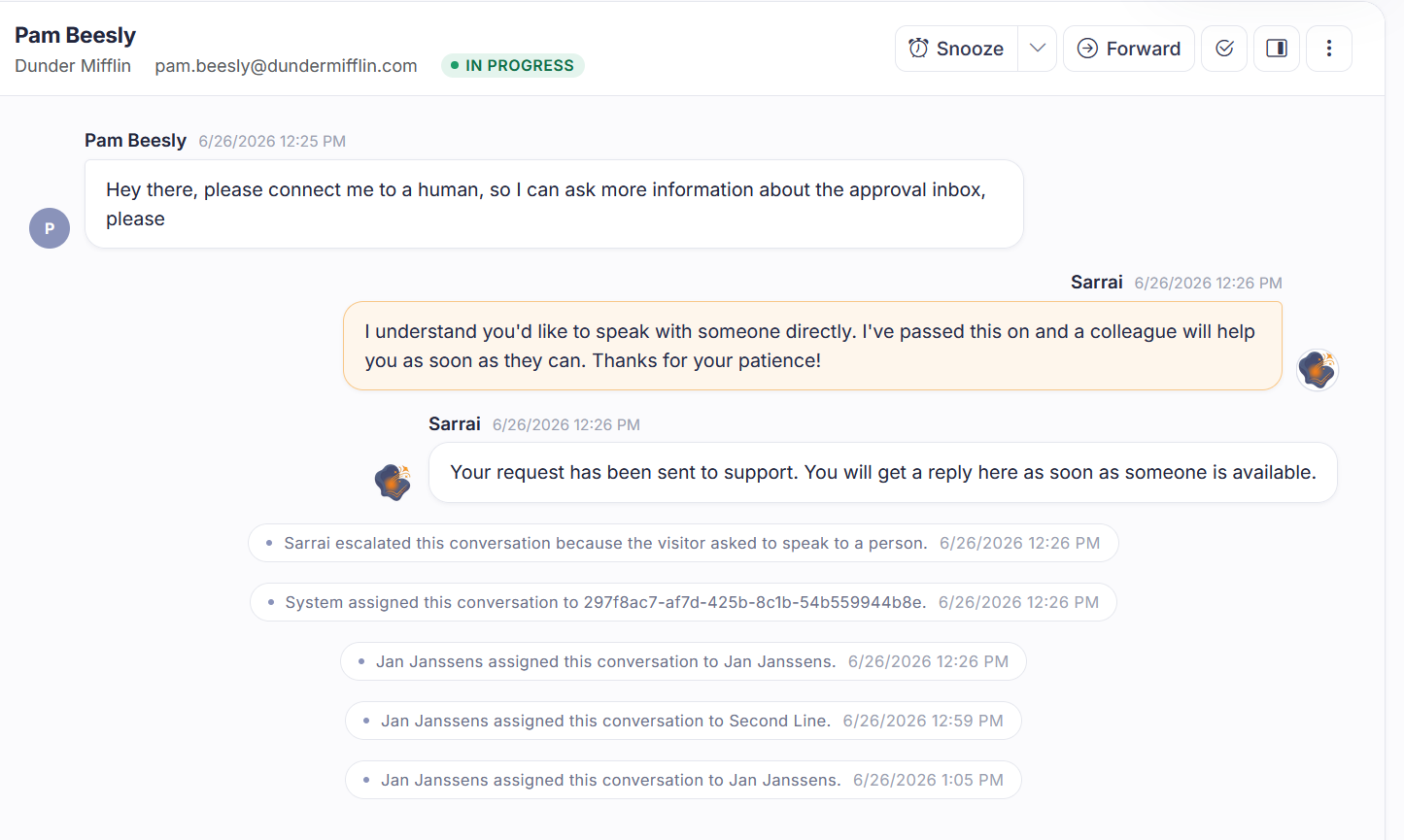 A conversation where Sarrai escalates the conversation to a human