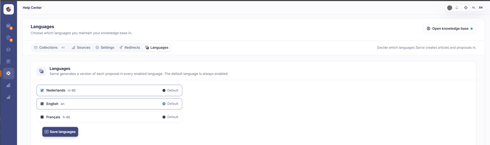 The languages tab allows you to enable or disable languages for your Help Center