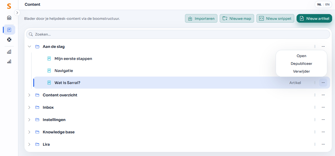 Via het context-menu naast een artikel in de content tree kan je makkelijk een artikel verplaatsen