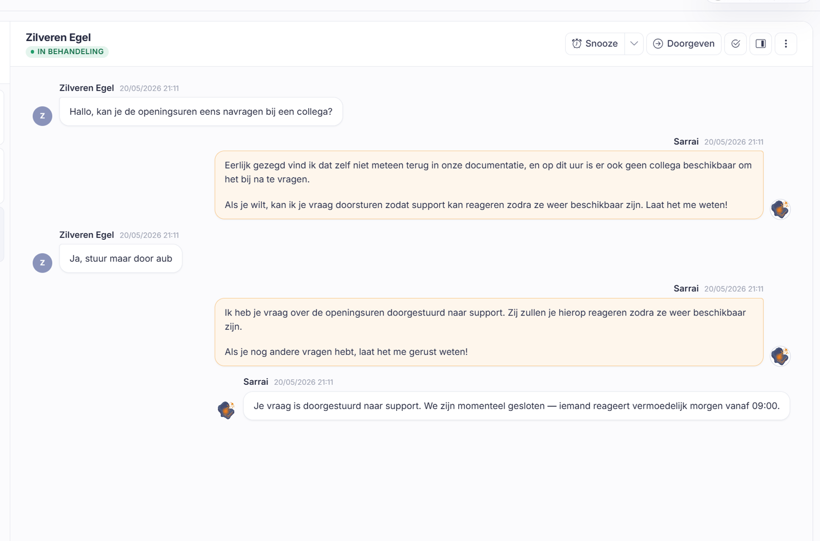 Een gesprek waarin Sarrai aangeeft dat een collega het overneemt