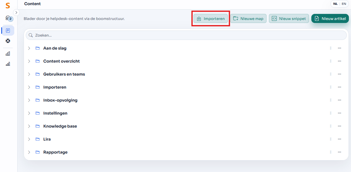Via de content tree kies je rechtsboven voor 'Importeren' om de import-tool te openen.
