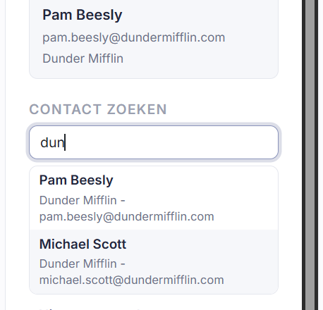 Het blok 'Contacten' in het contextpaneel, met zoekvak en 'Nieuwe aanmaken'