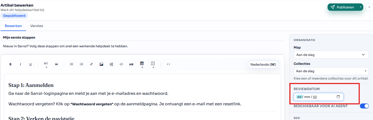 Via het veld reviewdatum geef je aan wanneer een artikel gecontroleerd moet worden op accuraatheid.