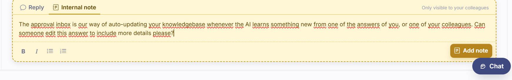 Putting an internal note on a conversation to share information with your colleagues