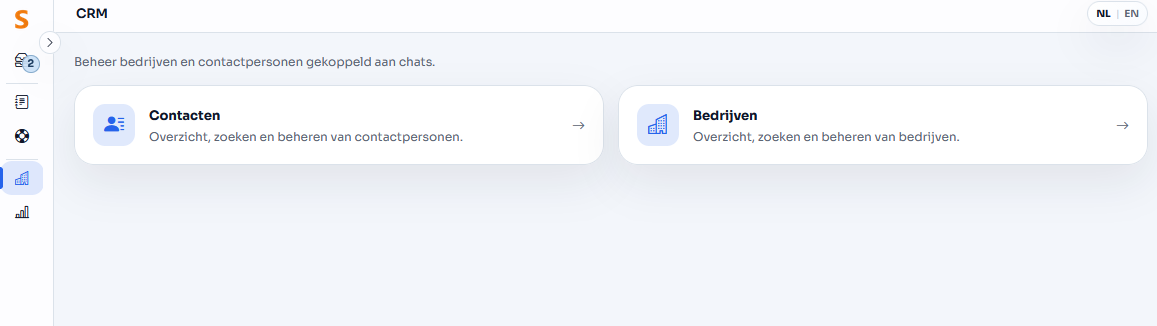 Het overzicht van het CRM toont je de keuze tussen de Contacten en de Bedrijven.