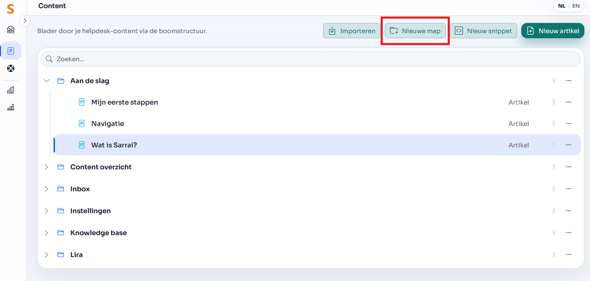 Een nieuwe map aanmaken doe je via de content tree door rechtsboven op 'Nieuwe map' te klikken