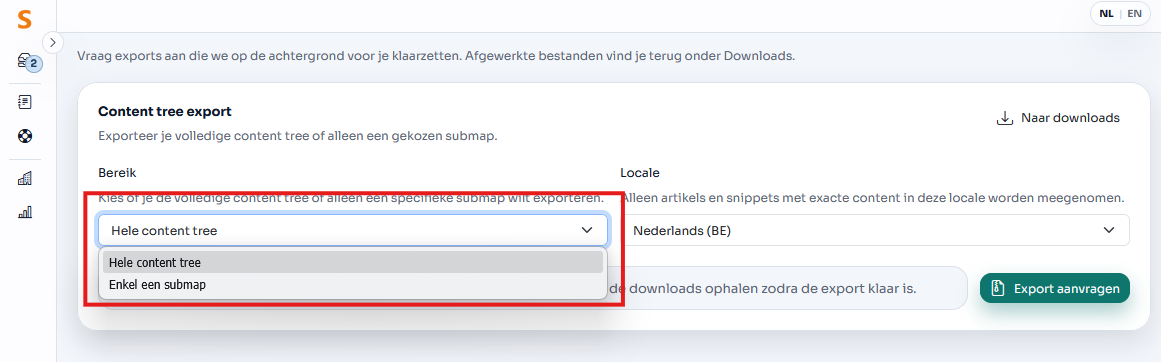 Via het exporttype stel je het bereik in van de export: wil je alleen een specifieke submap met alles erin, of wil je de volledige content tree exporteren?