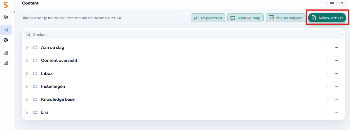 Om een nieuw artikel toe te voegen ga je naar de content tree en kies je voor 'Nieuw artikel' rechtsboven