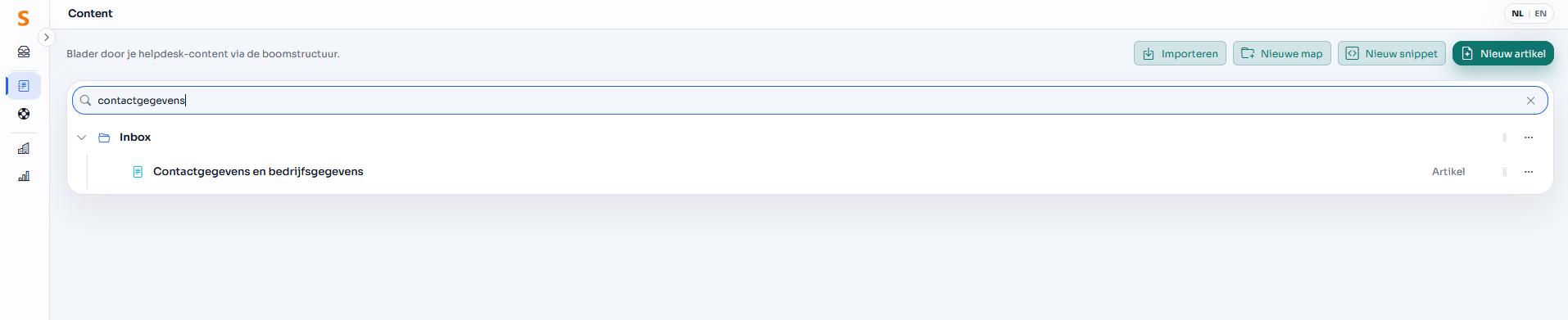 Via het zoekveld bovenaan de content-tree kan je snel naar het juiste artikel zoeken