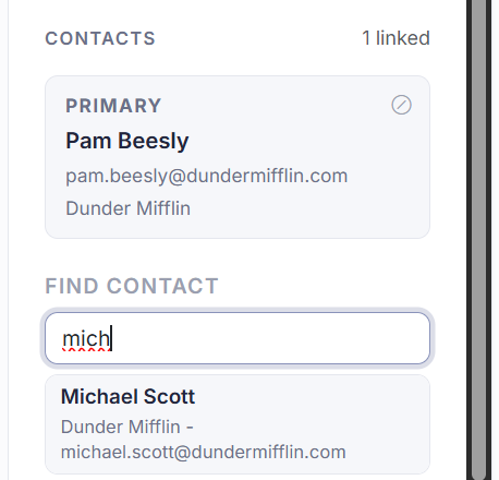 The 'Contacts' block in the context panel, with search box and 'Create New'