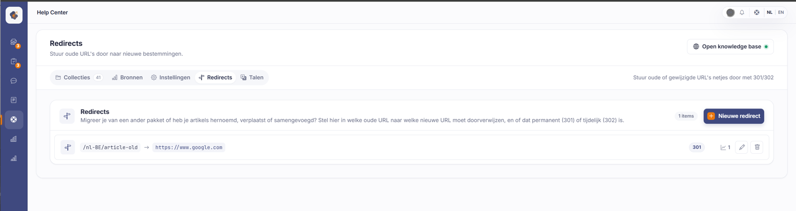 Het overzicht van ingestelde redirects, met de optie om een nieuwe redirect rechtsboven in te stellen