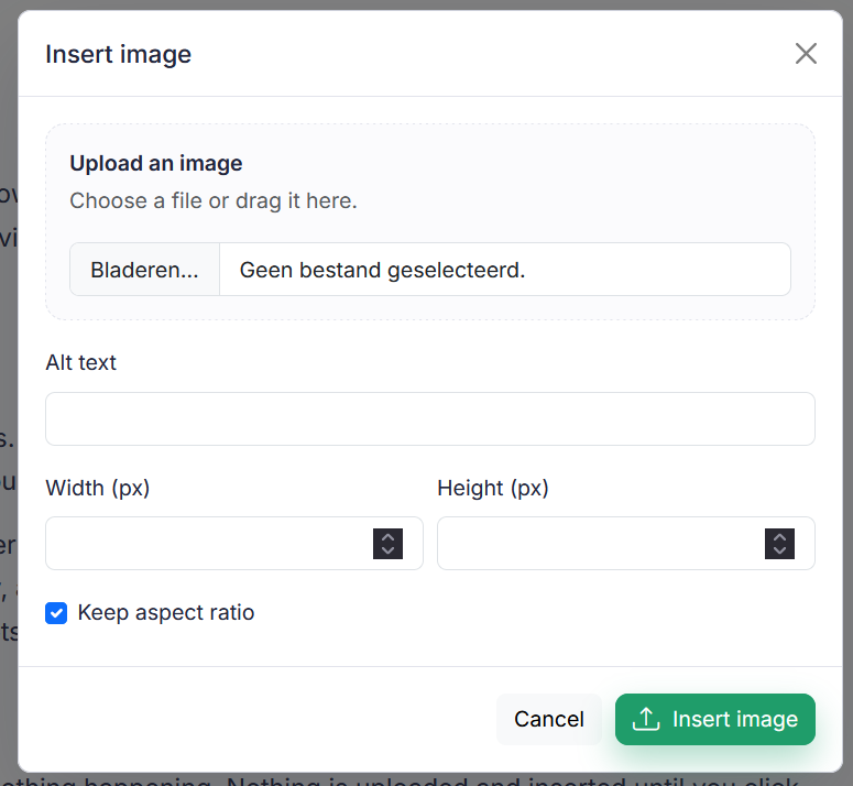 Uploading an image is as easy as selecting a file or dragging it onto the screen and filling the alt-text.