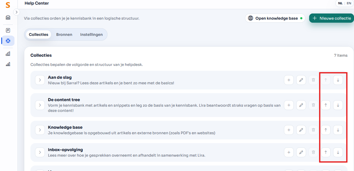 De volgorde van de collecties op je helpdesk bepaal je zelf met de pijltjes omhoog en omlaag