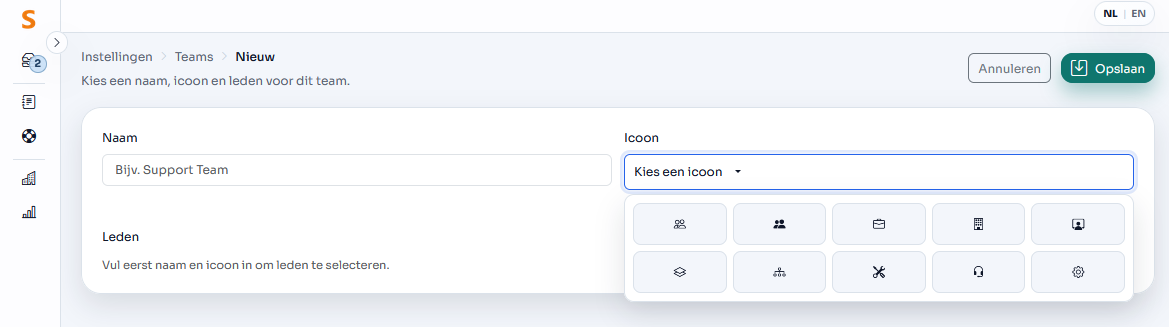Geef het team een naam en een icoon.