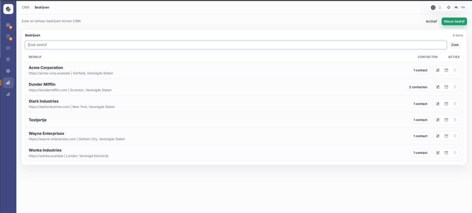 De bedrijvenlijst in het CRM
