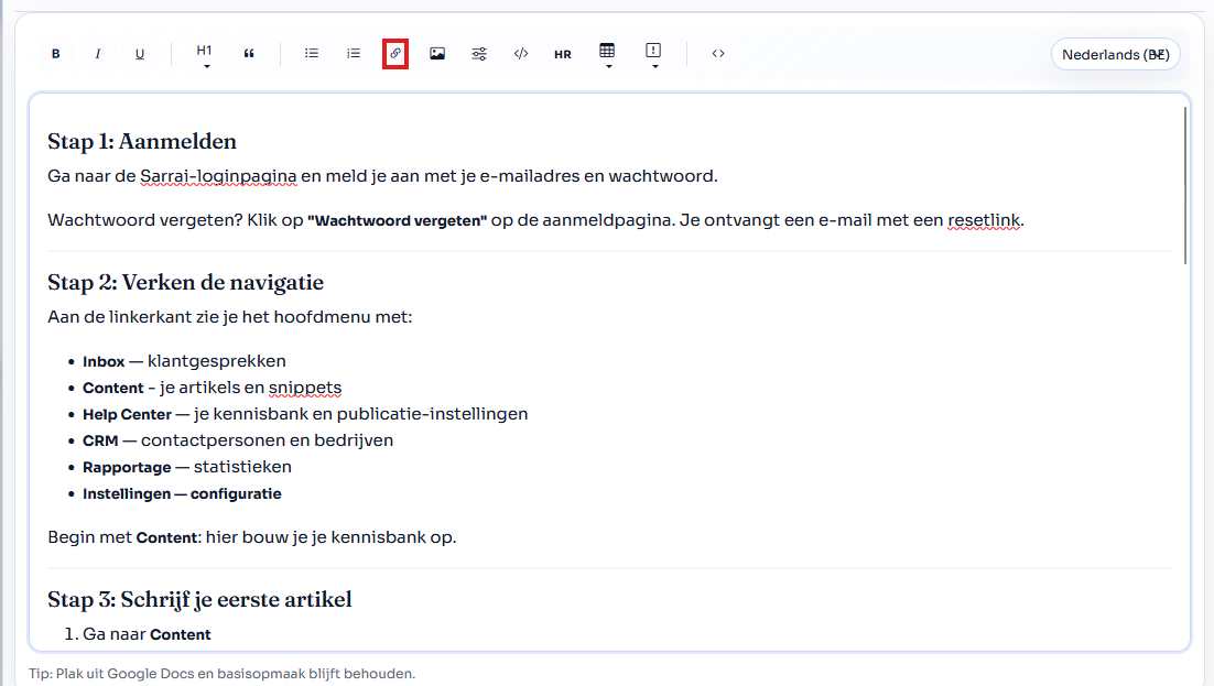 Om een link te leggen naar een ander artikel gebruik je het slot-icoontje in de toolbar van de markdown editor