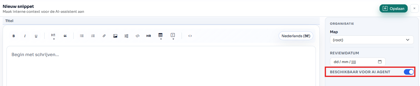 Via de toggle 'Beschikbaar voor AI-agent' bepaal je of de snippet gebruikt mag worden door Lira of niet.