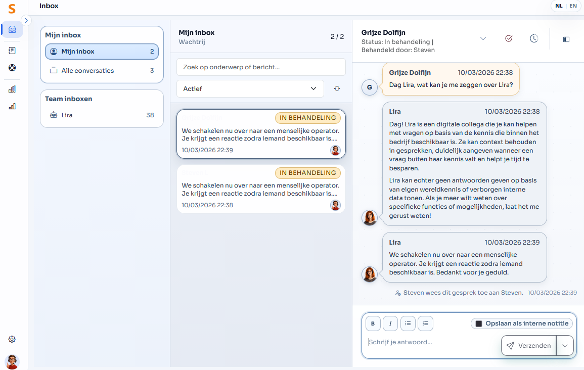 De inbox toont je alle context van een gesprek zodat je het zo vlot mogelijk kan afhandelen