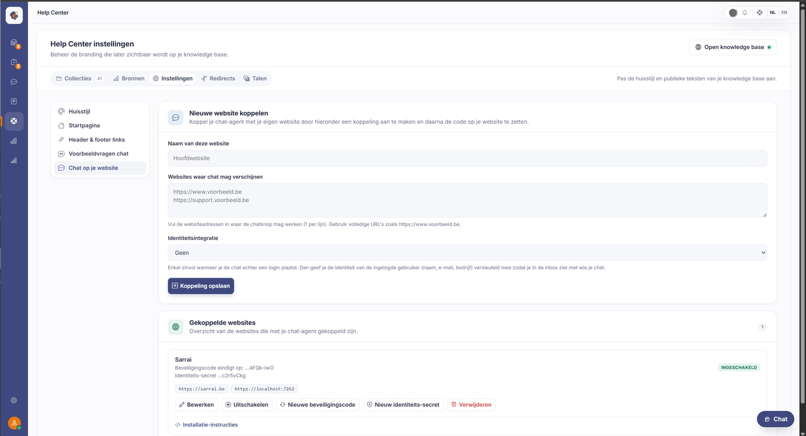 Voorbeeldcode om de chat te embedden op je eigen website of in je webapplicatie