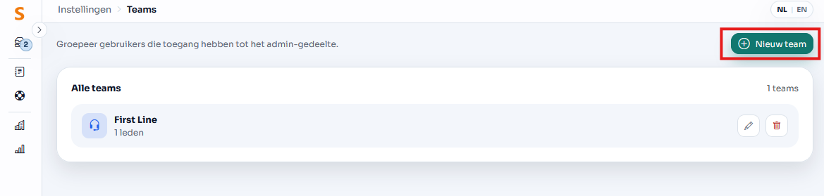 Kies voor 'Nieuw team' bovenaan de lijst met teams om een nieuw team aan te maken.