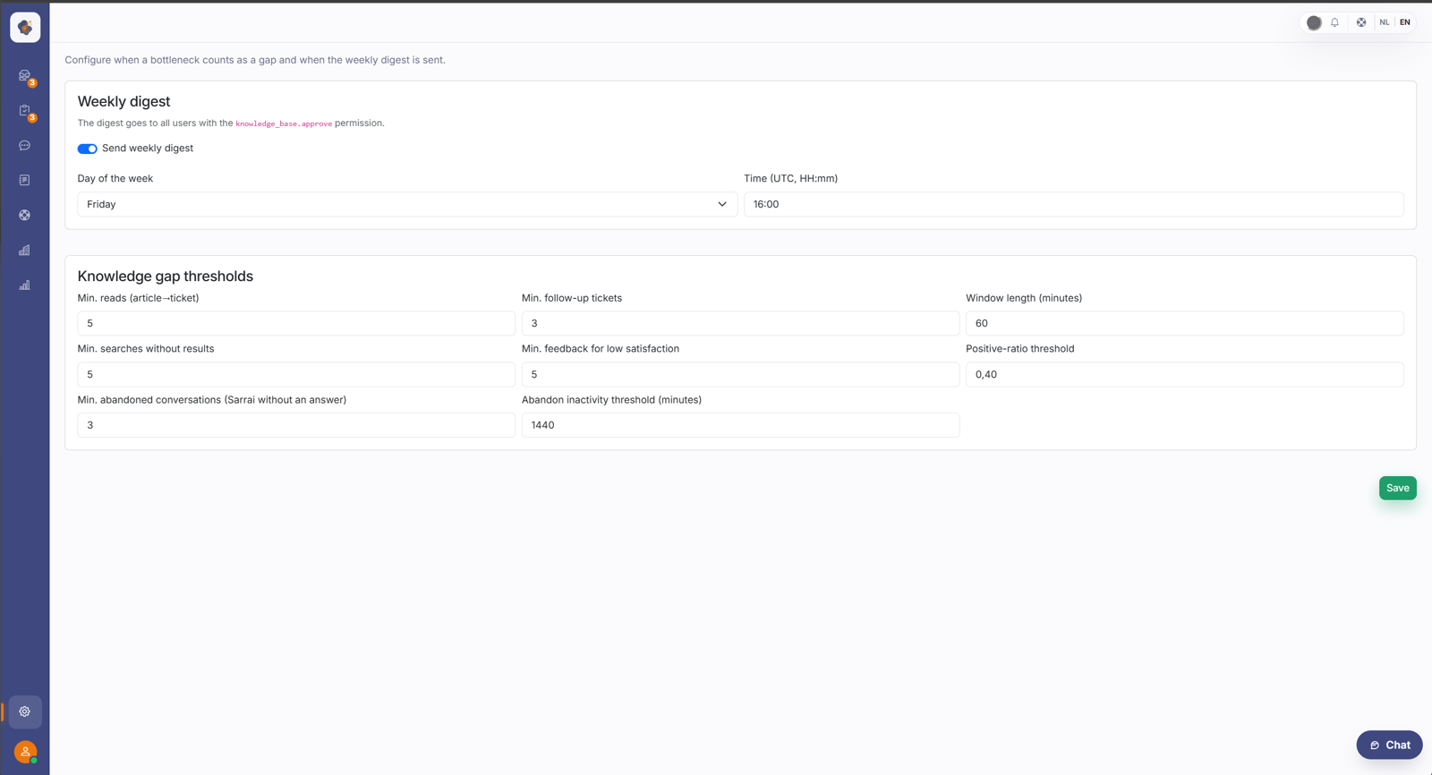 The knowledge base automation screen lets you configure your weekly digest mail