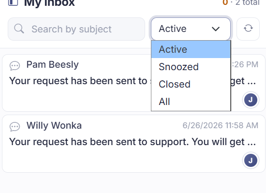 The search box and the status filter above the conversations list
