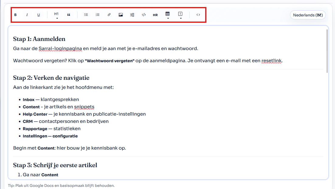 De markdown editor maakt het makkelijk om je helpdeskartikel netjes op te maken.