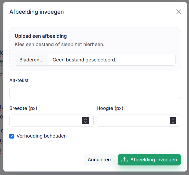 Een afbeelding invoegen is makkelijk door het juiste bestand op je computer te selecteren of door de afbeelding op het scherm te slepen en daarna de alt-tekst in te vullen.