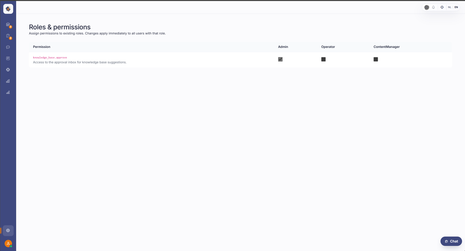 The roles and permissions screen