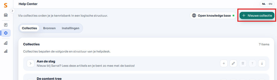 Via het Help Center voeg je makkelijk een nieuwe collectie toe via de knop rechtsboven 'Nieuwe collectie'