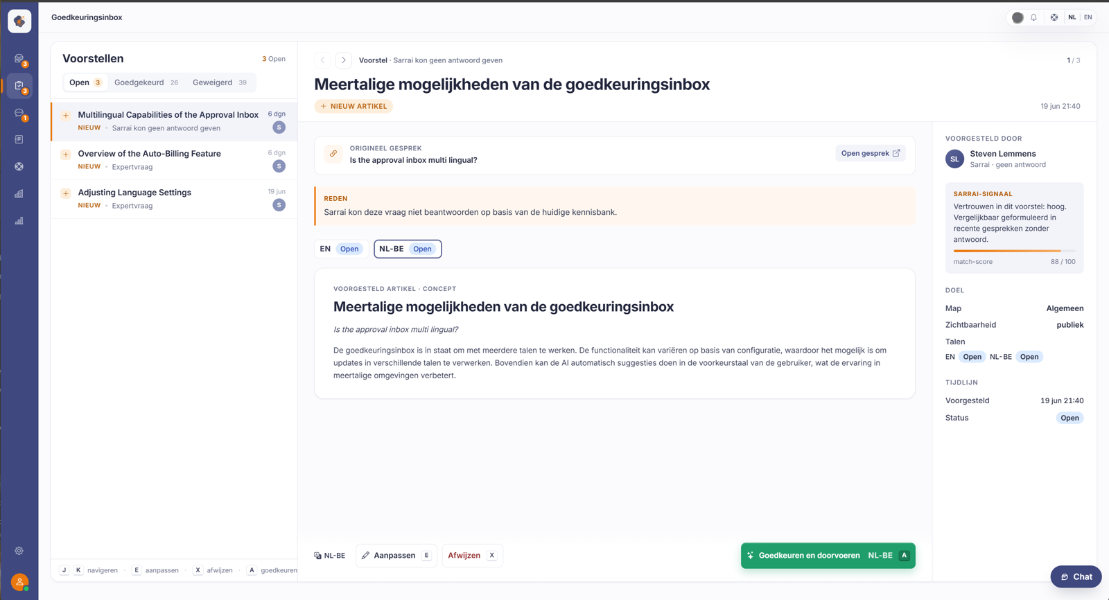 Het voorstel van Sarrai met de match-score
