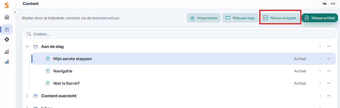 Om een nieuwe snippet aan te maken open je de content tree en kies je rechtsboven voor 'Nieuwe snippet'