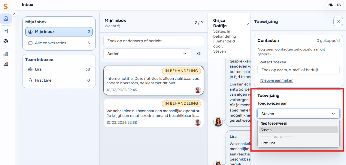 Je kan een gesprek toewijzen aan een persoon of aan een team.